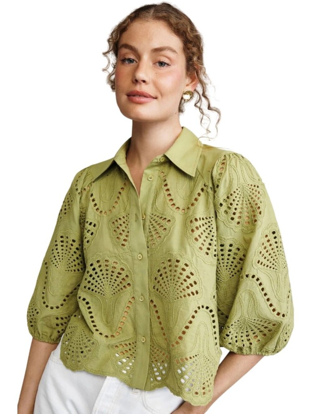 Olive Green Eyelet Button-Up Blouse